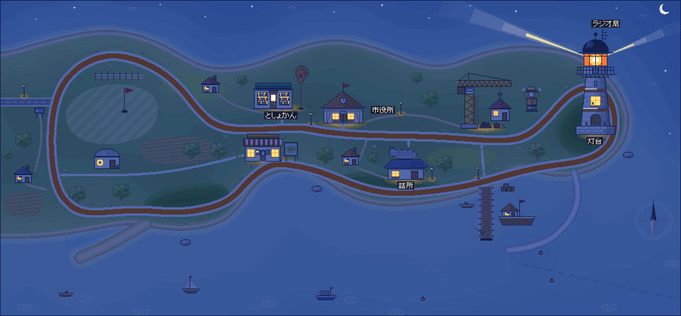 夜の青葉市。家々と灯台に明かりがともる、小さな町のドット絵。