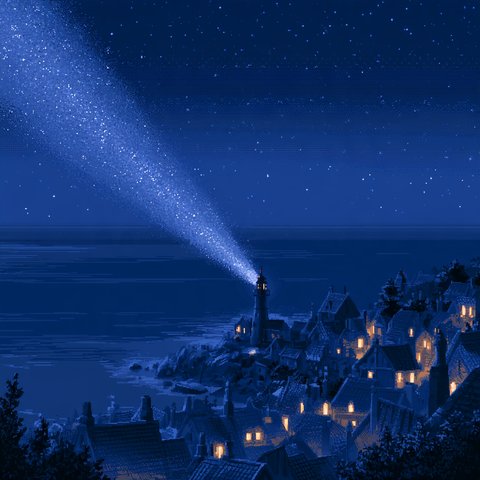 夜の町と灯台の光